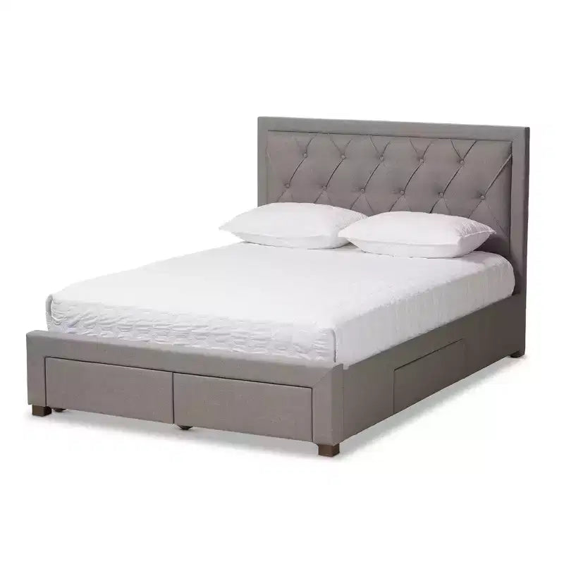 Lit de rangement moderne et contemporain en tissu avec tête de lit capitonnée et tiroirs