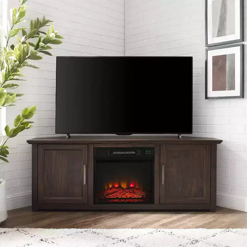 Meuble TV d'angle pour téléviseurs jusqu'à 60 pouces avec cheminée électrique