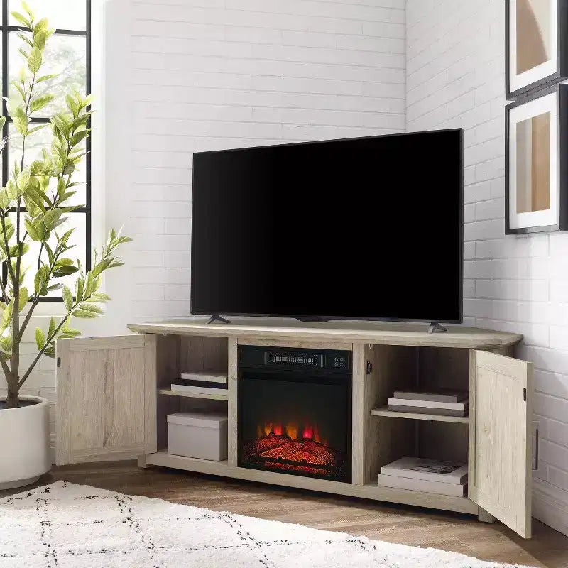 Meuble TV d'angle pour téléviseurs jusqu'à 60 pouces avec cheminée électrique