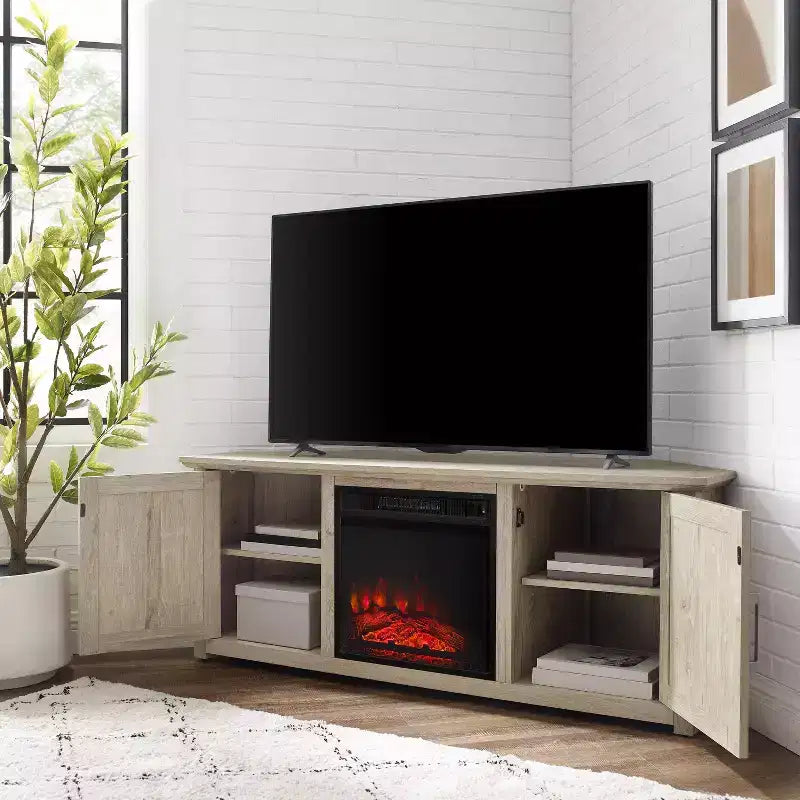 Meuble TV d'angle pour téléviseurs jusqu'à 60 pouces avec cheminée électrique