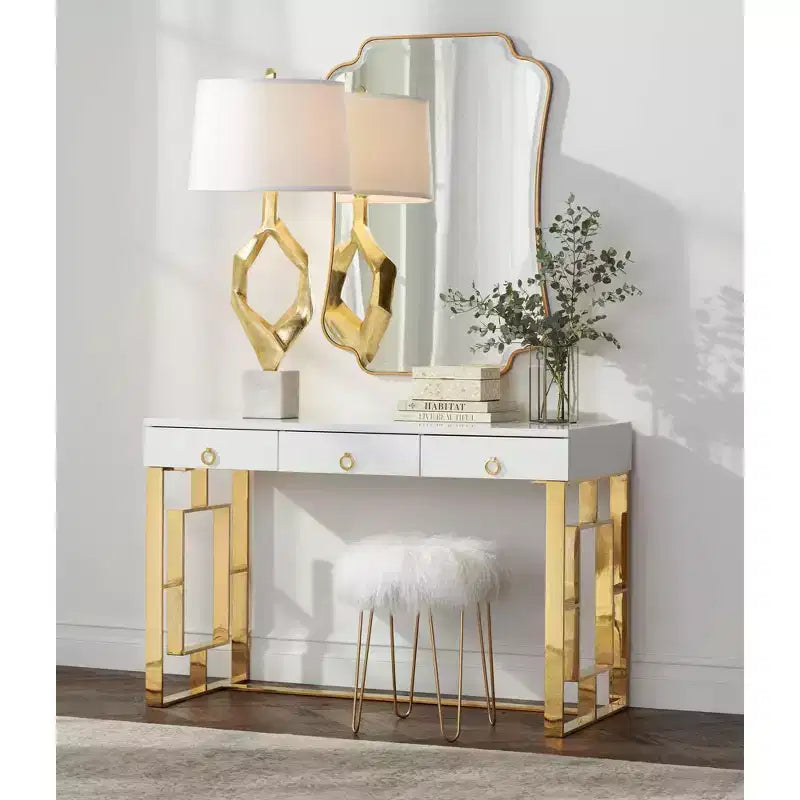 Miroir mural de courtoisie rectangulaire à coins festonnés, cadre en bois doré biseauté, 27" de large