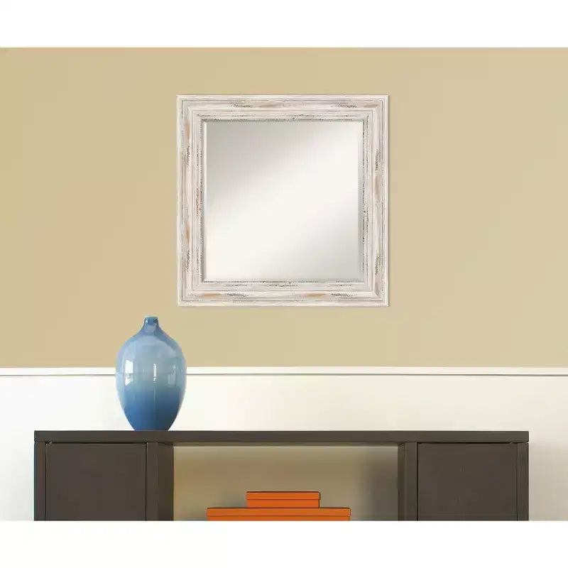 Miroir mural encadré 25x25 blanc délavé, bois vieilli, verre biseauté