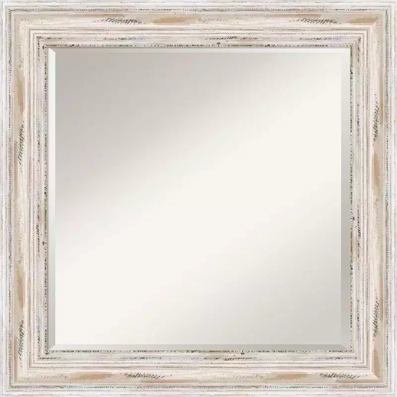 Miroir mural encadré 25x25 blanc délavé, bois vieilli, verre biseauté