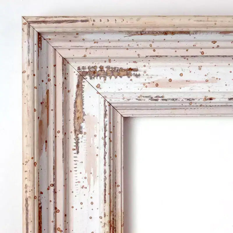 Miroir mural encadré 25x25 blanc délavé, bois vieilli, verre biseauté