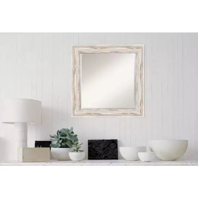 Miroir mural encadré 25x25 blanc délavé, bois vieilli, verre biseauté