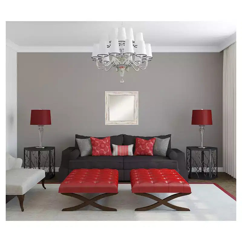 Miroir mural encadré 25x25 blanc délavé, bois vieilli, verre biseauté