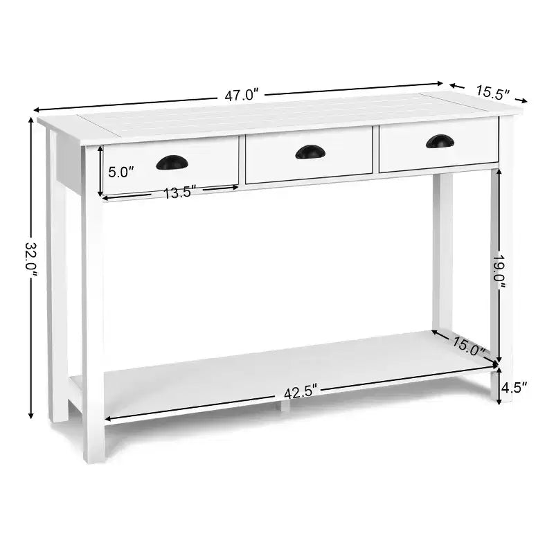 Table console de 47" avec 3 tiroirs et étagère, MDF blanc, table de couloir ou bureau d'entrée