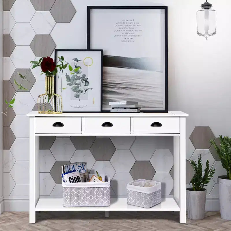 Table console de 47" avec 3 tiroirs et étagère, MDF blanc, table de couloir ou bureau d'entrée