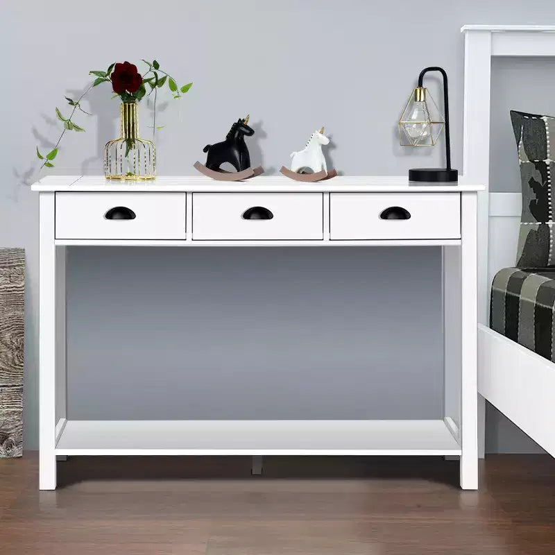 Table console de 47" avec 3 tiroirs et étagère, MDF blanc, table de couloir ou bureau d'entrée