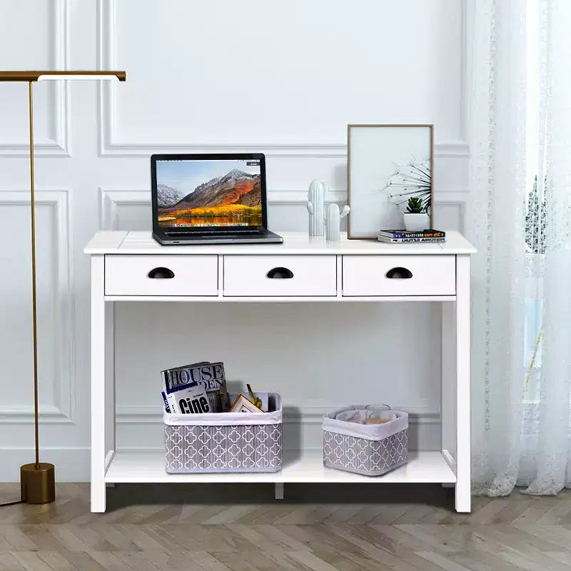 Table console de 47" avec 3 tiroirs et étagère, MDF blanc, table de couloir ou bureau d'entrée