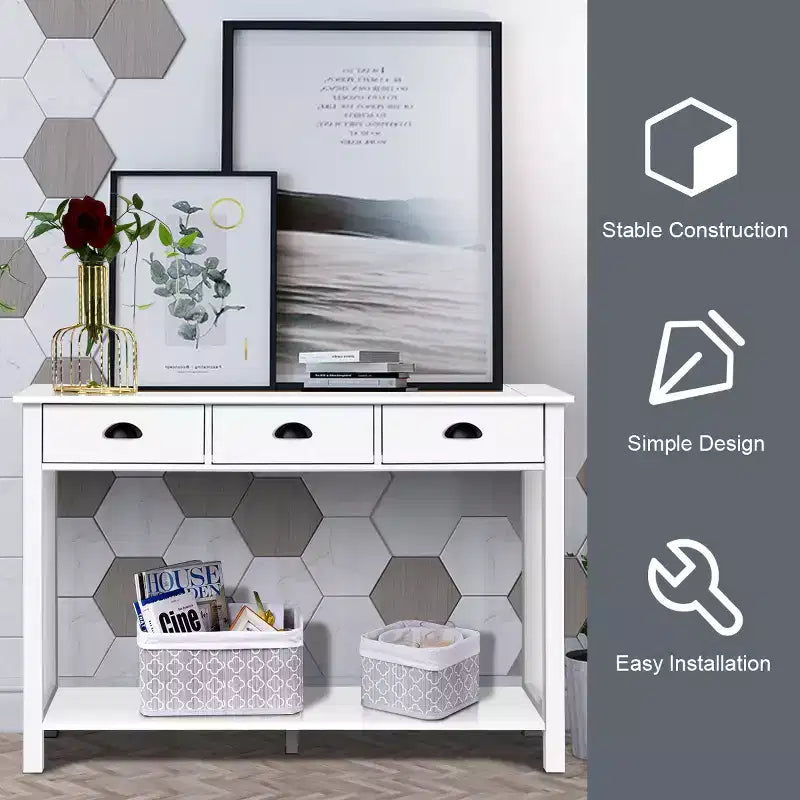 Table console de 47" avec 3 tiroirs et étagère, MDF blanc, table de couloir ou bureau d'entrée