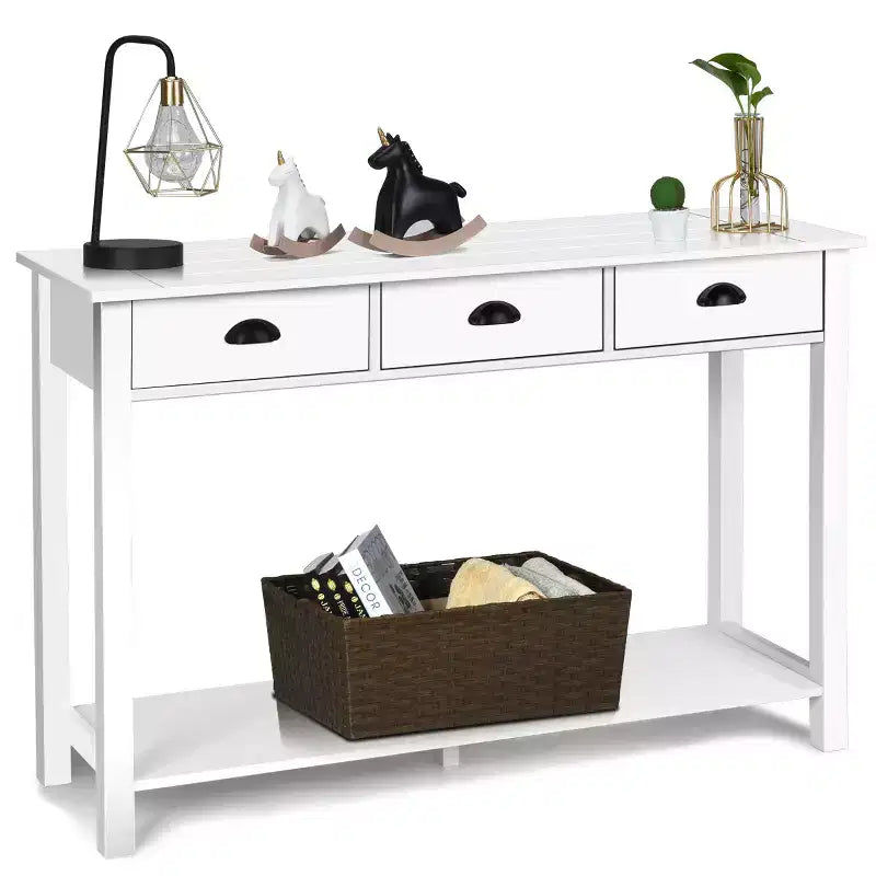 Table console de 47" avec 3 tiroirs et étagère, MDF blanc, table de couloir ou bureau d'entrée