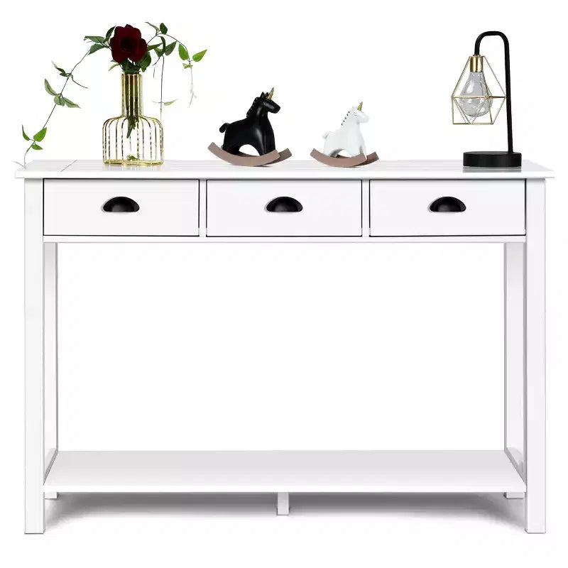Table console de 47" avec 3 tiroirs et étagère, MDF blanc, table de couloir ou bureau d'entrée