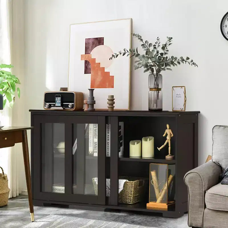 Meuble de rangement de cuisine Buffet avec porte coulissante, 2 portes vitrées coulissantes, étagère réglable en hauteur, empilable, MDF