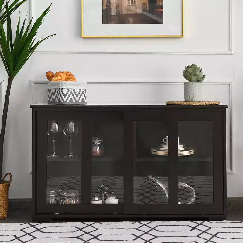 Meuble de rangement de cuisine Buffet avec porte coulissante, 2 portes vitrées coulissantes, étagère réglable en hauteur, empilable, MDF