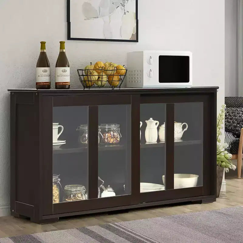Meuble de rangement de cuisine Buffet avec porte coulissante, 2 portes vitrées coulissantes, étagère réglable en hauteur, empilable, MDF