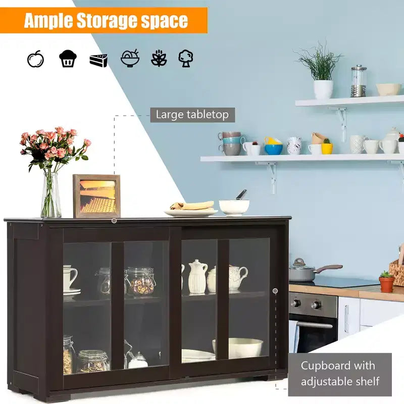 Meuble de rangement de cuisine Buffet avec porte coulissante, 2 portes vitrées coulissantes, étagère réglable en hauteur, empilable, MDF
