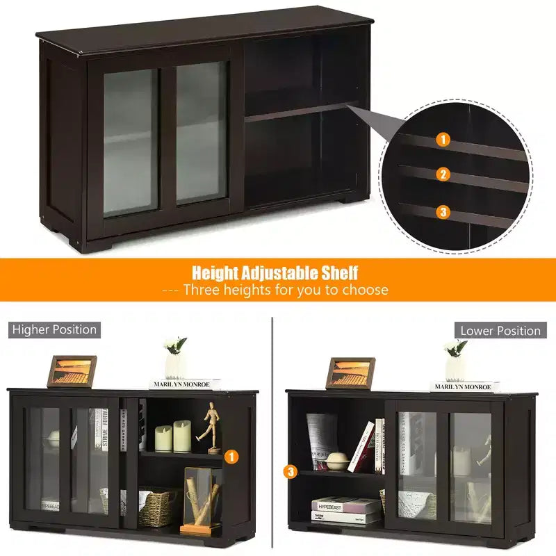 Meuble de rangement de cuisine Buffet avec porte coulissante, 2 portes vitrées coulissantes, étagère réglable en hauteur, empilable, MDF
