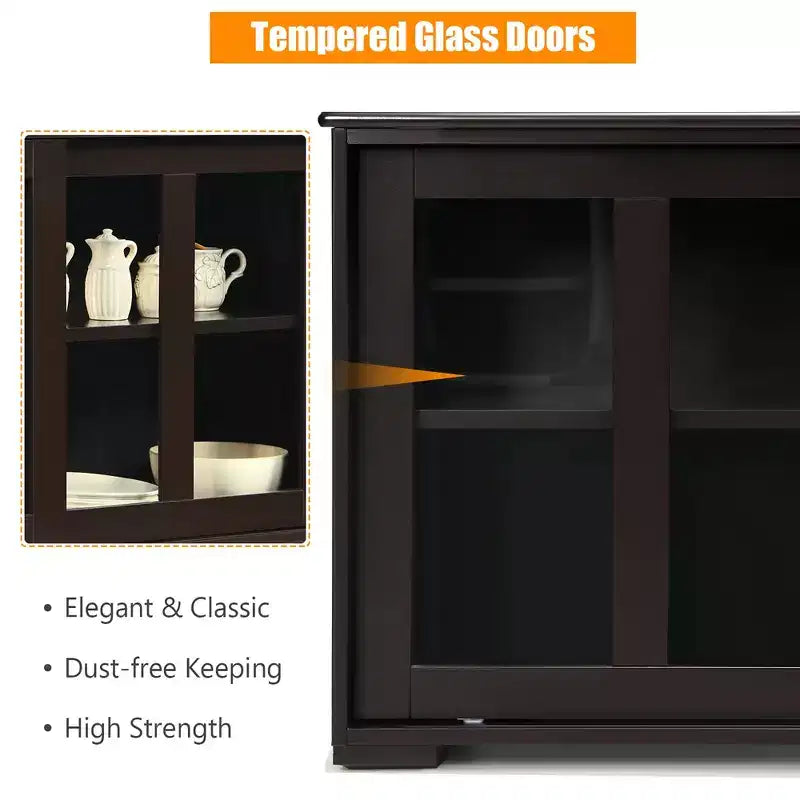 Meuble de rangement de cuisine Buffet avec porte coulissante, 2 portes vitrées coulissantes, étagère réglable en hauteur, empilable, MDF