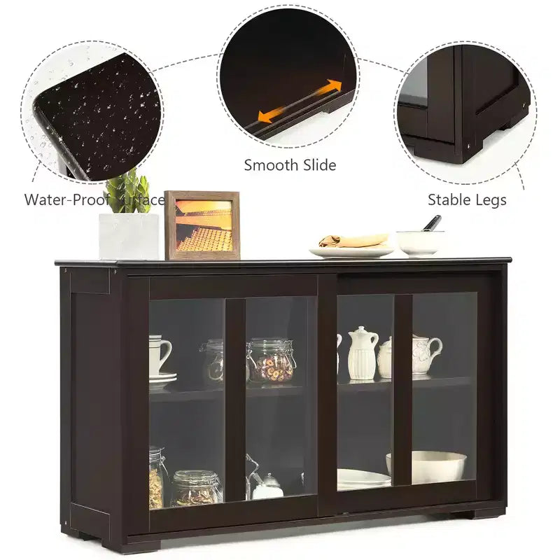 Meuble de rangement de cuisine Buffet avec porte coulissante, 2 portes vitrées coulissantes, étagère réglable en hauteur, empilable, MDF