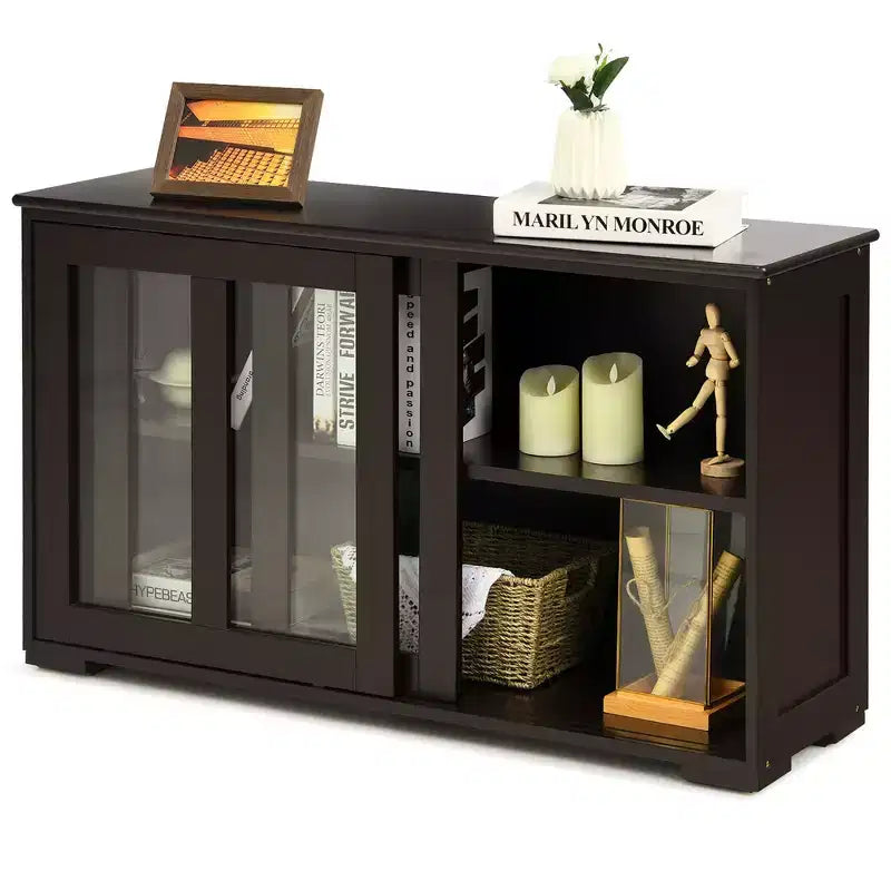 Meuble de rangement de cuisine Buffet avec porte coulissante, 2 portes vitrées coulissantes, étagère réglable en hauteur, empilable, MDF