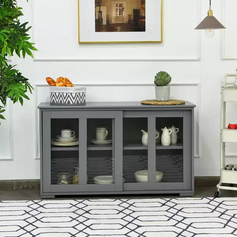 Meuble de rangement de cuisine Buffet avec porte coulissante, 2 portes vitrées coulissantes, étagère réglable en hauteur, empilable, MDF