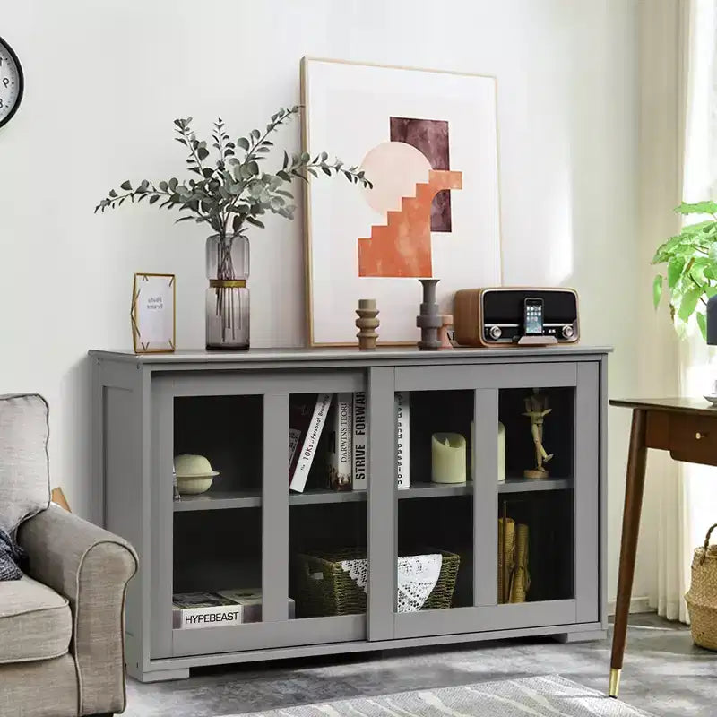 Meuble de rangement de cuisine Buffet avec porte coulissante, 2 portes vitrées coulissantes, étagère réglable en hauteur, empilable, MDF