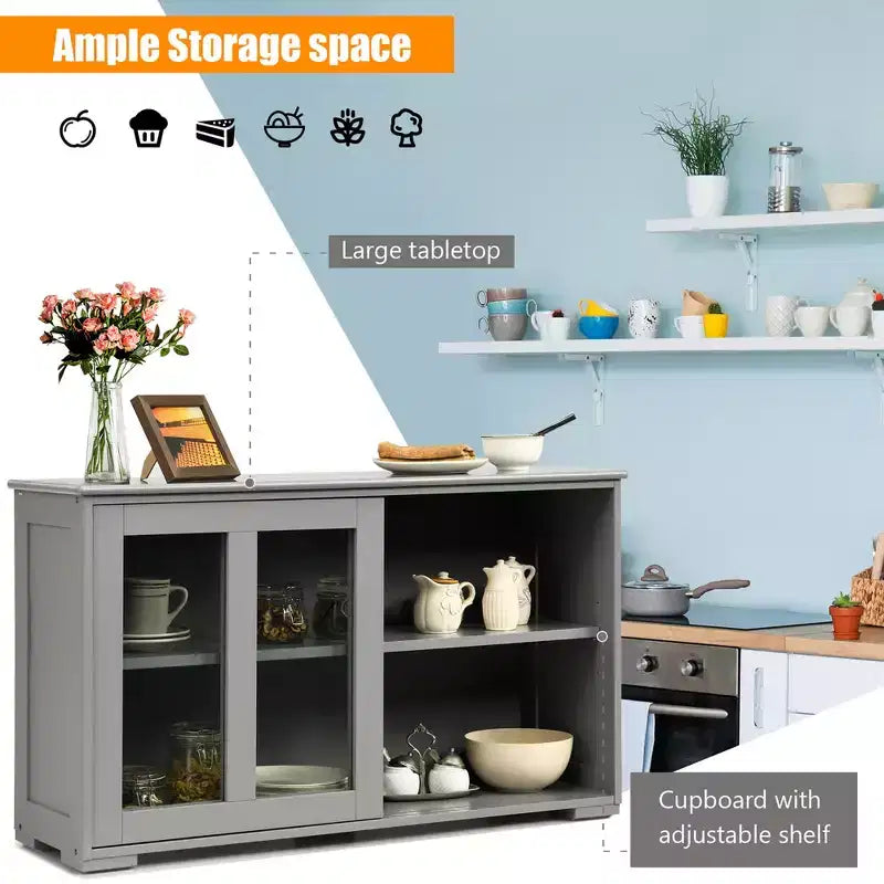 Meuble de rangement de cuisine Buffet avec porte coulissante, 2 portes vitrées coulissantes, étagère réglable en hauteur, empilable, MDF