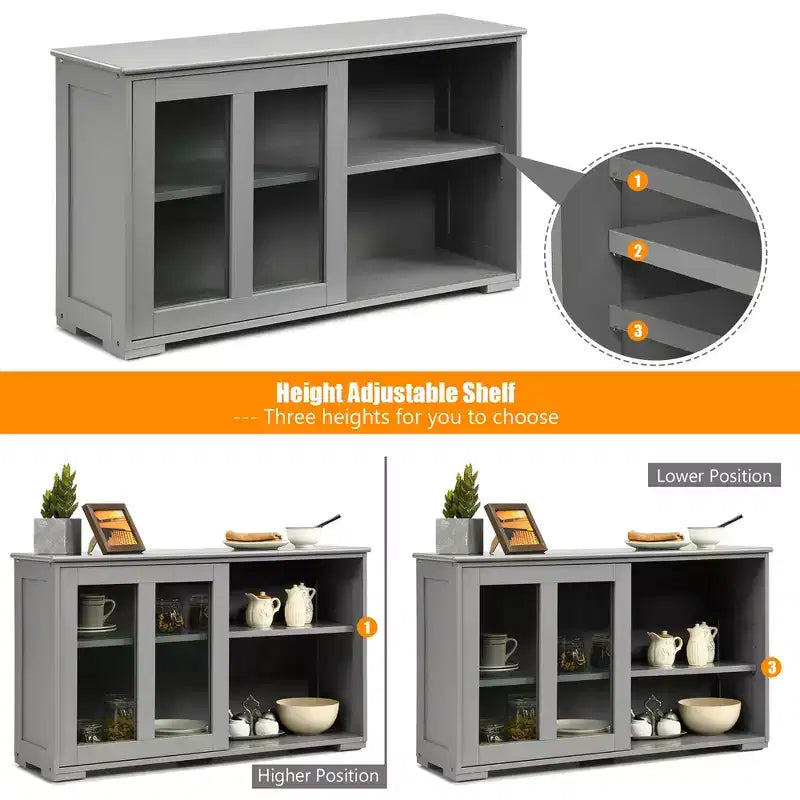 Meuble de rangement de cuisine Buffet avec porte coulissante, 2 portes vitrées coulissantes, étagère réglable en hauteur, empilable, MDF