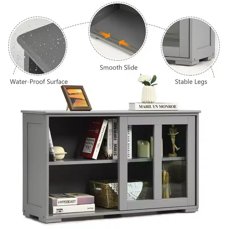 Meuble de rangement de cuisine Buffet avec porte coulissante, 2 portes vitrées coulissantes, étagère réglable en hauteur, empilable, MDF