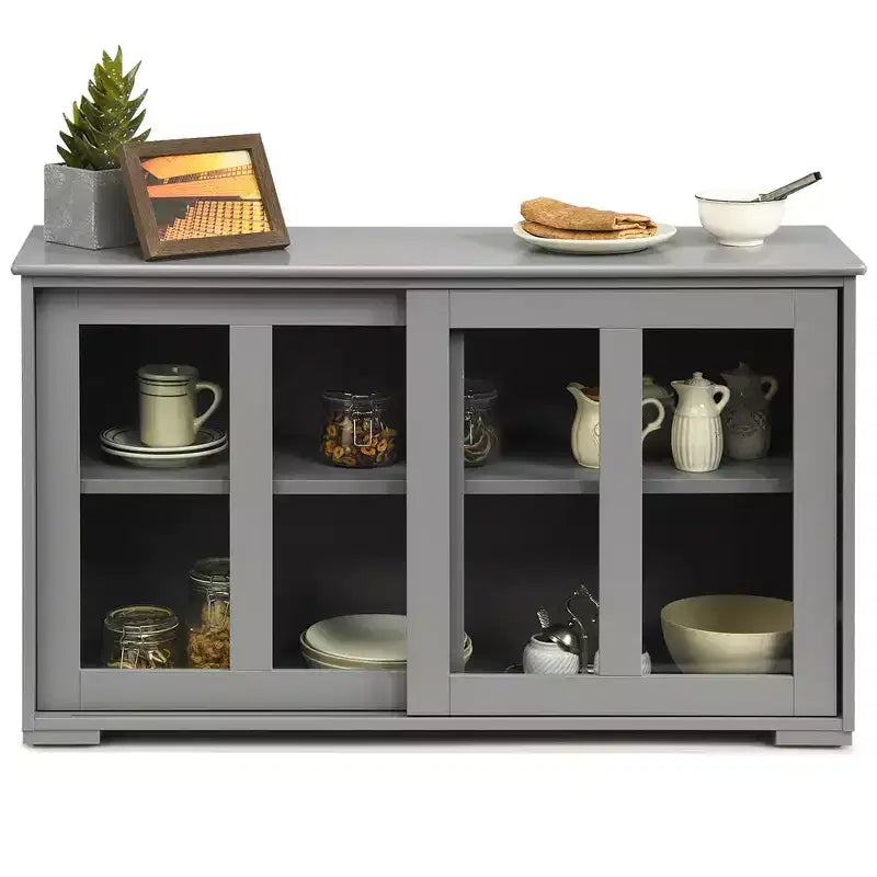 Meuble de rangement de cuisine Buffet avec porte coulissante, 2 portes vitrées coulissantes, étagère réglable en hauteur, empilable, MDF