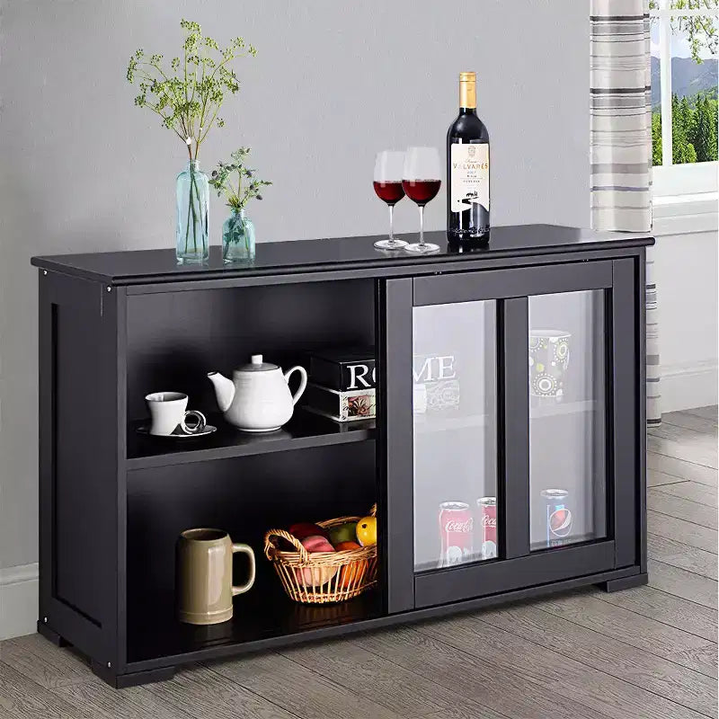 Meuble de rangement de cuisine Buffet avec porte coulissante, 2 portes vitrées coulissantes, étagère réglable en hauteur, empilable, MDF
