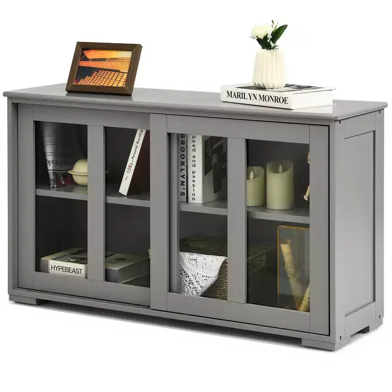 Meuble de rangement de cuisine Buffet avec porte coulissante, 2 portes vitrées coulissantes, étagère réglable en hauteur, empilable, MDF