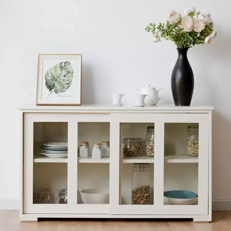 Meuble de rangement de cuisine Buffet avec porte coulissante, 2 portes vitrées coulissantes, étagère réglable en hauteur, empilable, MDF