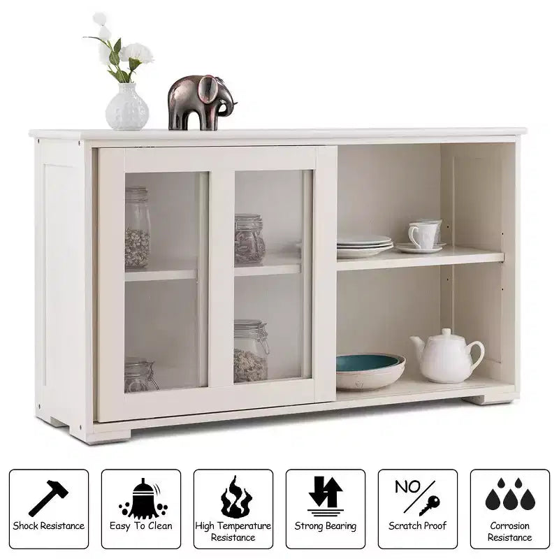 Meuble de rangement de cuisine Buffet avec porte coulissante, 2 portes vitrées coulissantes, étagère réglable en hauteur, empilable, MDF