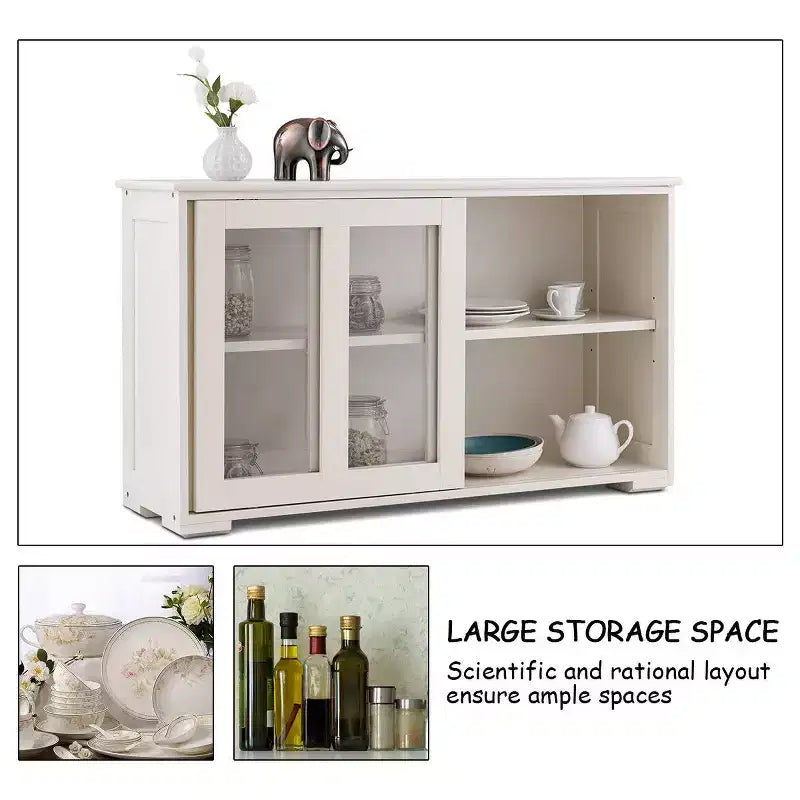 Meuble de rangement de cuisine Buffet avec porte coulissante, 2 portes vitrées coulissantes, étagère réglable en hauteur, empilable, MDF