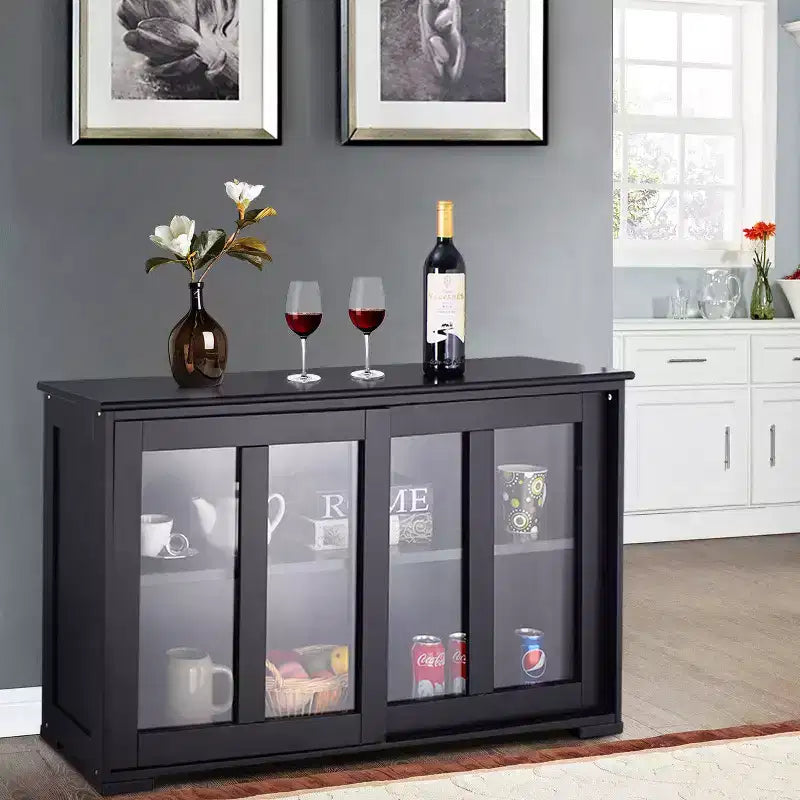 Meuble de rangement de cuisine Buffet avec porte coulissante, 2 portes vitrées coulissantes, étagère réglable en hauteur, empilable, MDF