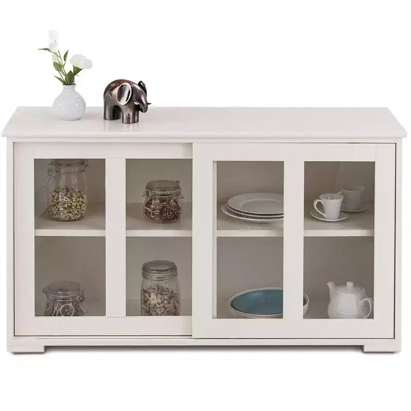 Meuble de rangement de cuisine Buffet avec porte coulissante, 2 portes vitrées coulissantes, étagère réglable en hauteur, empilable, MDF