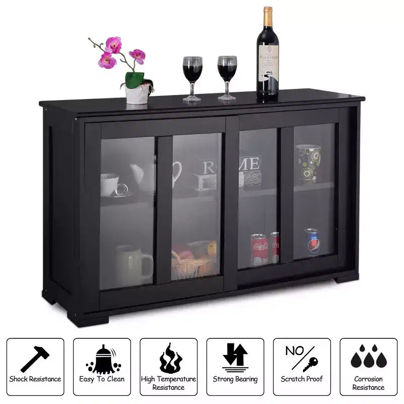 Meuble de rangement de cuisine Buffet avec porte coulissante, 2 portes vitrées coulissantes, étagère réglable en hauteur, empilable, MDF