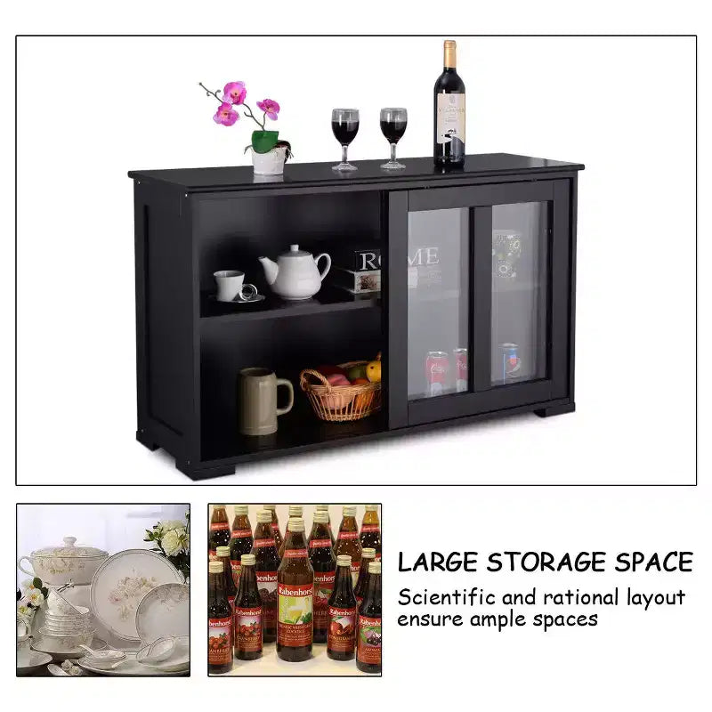 Meuble de rangement de cuisine Buffet avec porte coulissante, 2 portes vitrées coulissantes, étagère réglable en hauteur, empilable, MDF