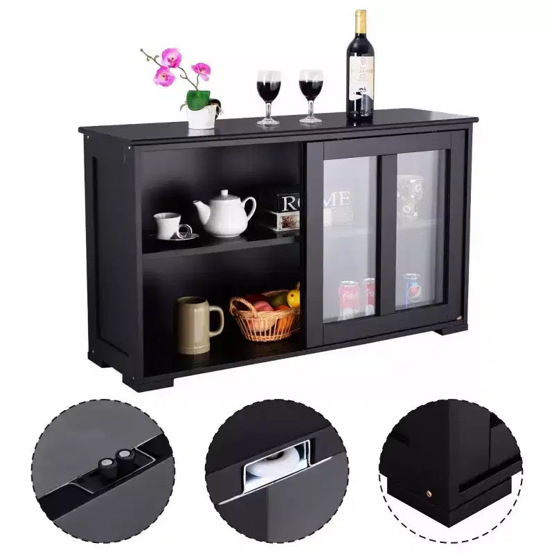 Meuble de rangement de cuisine Buffet avec porte coulissante, 2 portes vitrées coulissantes, étagère réglable en hauteur, empilable, MDF