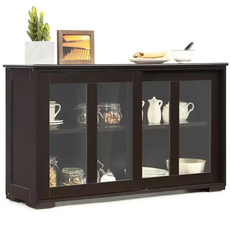 Meuble de rangement de cuisine Buffet avec porte coulissante, 2 portes vitrées coulissantes, étagère réglable en hauteur, empilable, MDF