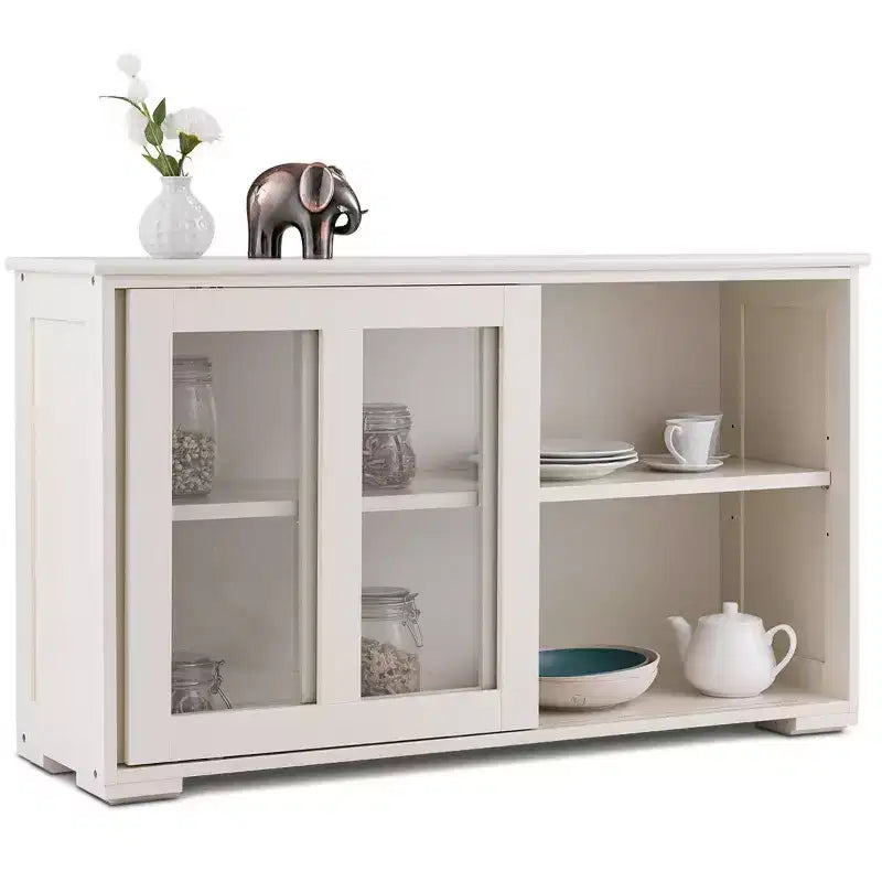 Meuble de rangement de cuisine Buffet avec porte coulissante, 2 portes vitrées coulissantes, étagère réglable en hauteur, empilable, MDF