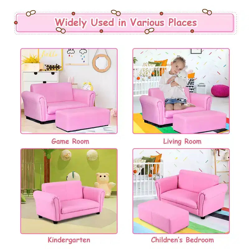 Canapé rose pour enfants avec accoudoirs et pouf