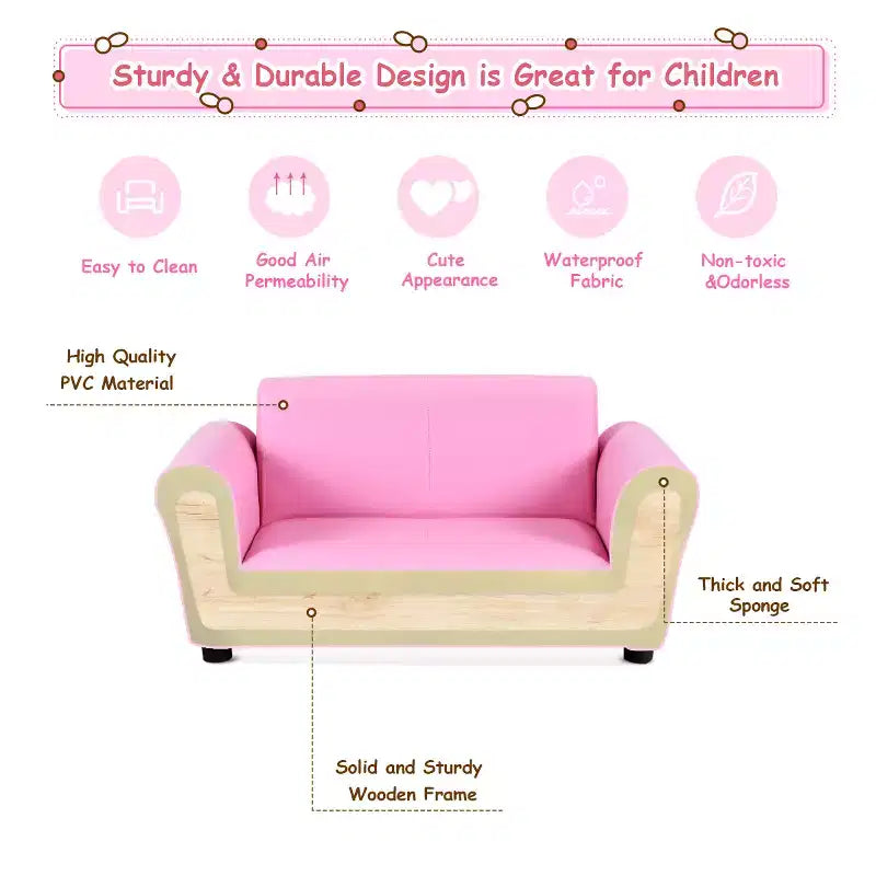 Canapé rose pour enfants avec accoudoirs et pouf