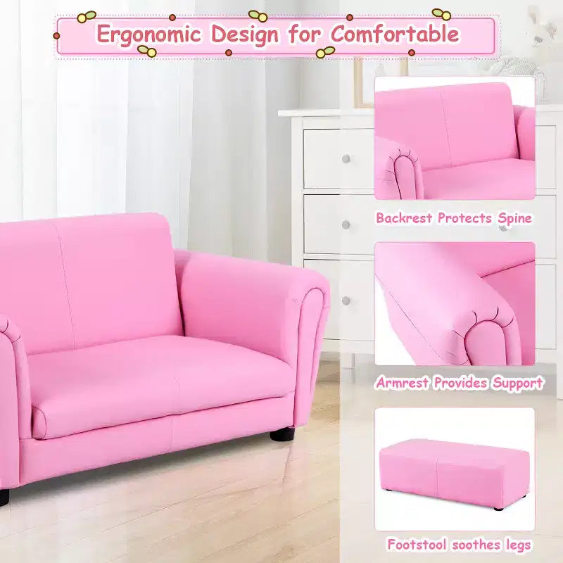 Canapé rose pour enfants avec accoudoirs et pouf