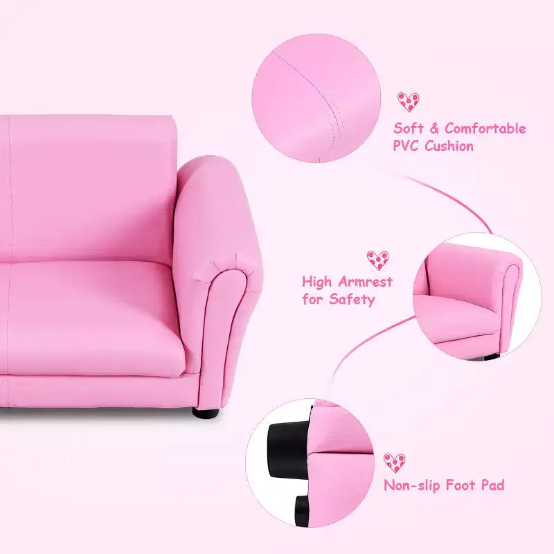 Canapé rose pour enfants avec accoudoirs et pouf