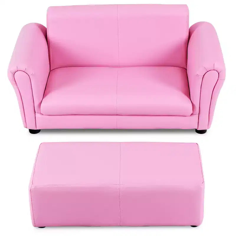 Canapé rose pour enfants avec accoudoirs et pouf
