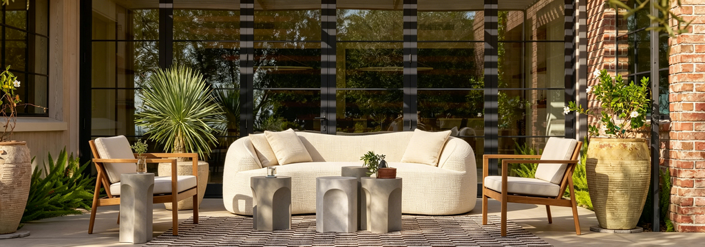 Canapé incurvé 2 places beige avec accoudoirs et 2 coussins, design compact pour toute pièce