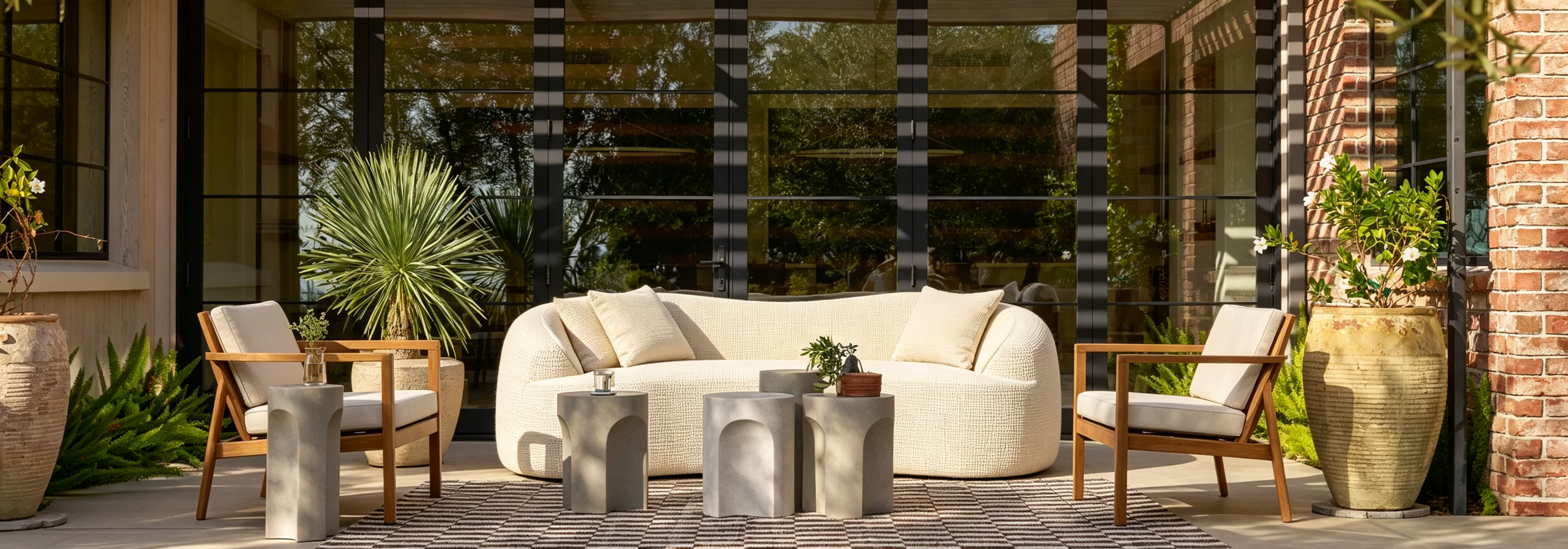 Canapé incurvé 2 places beige avec accoudoirs et 2 coussins, design compact pour toute pièce